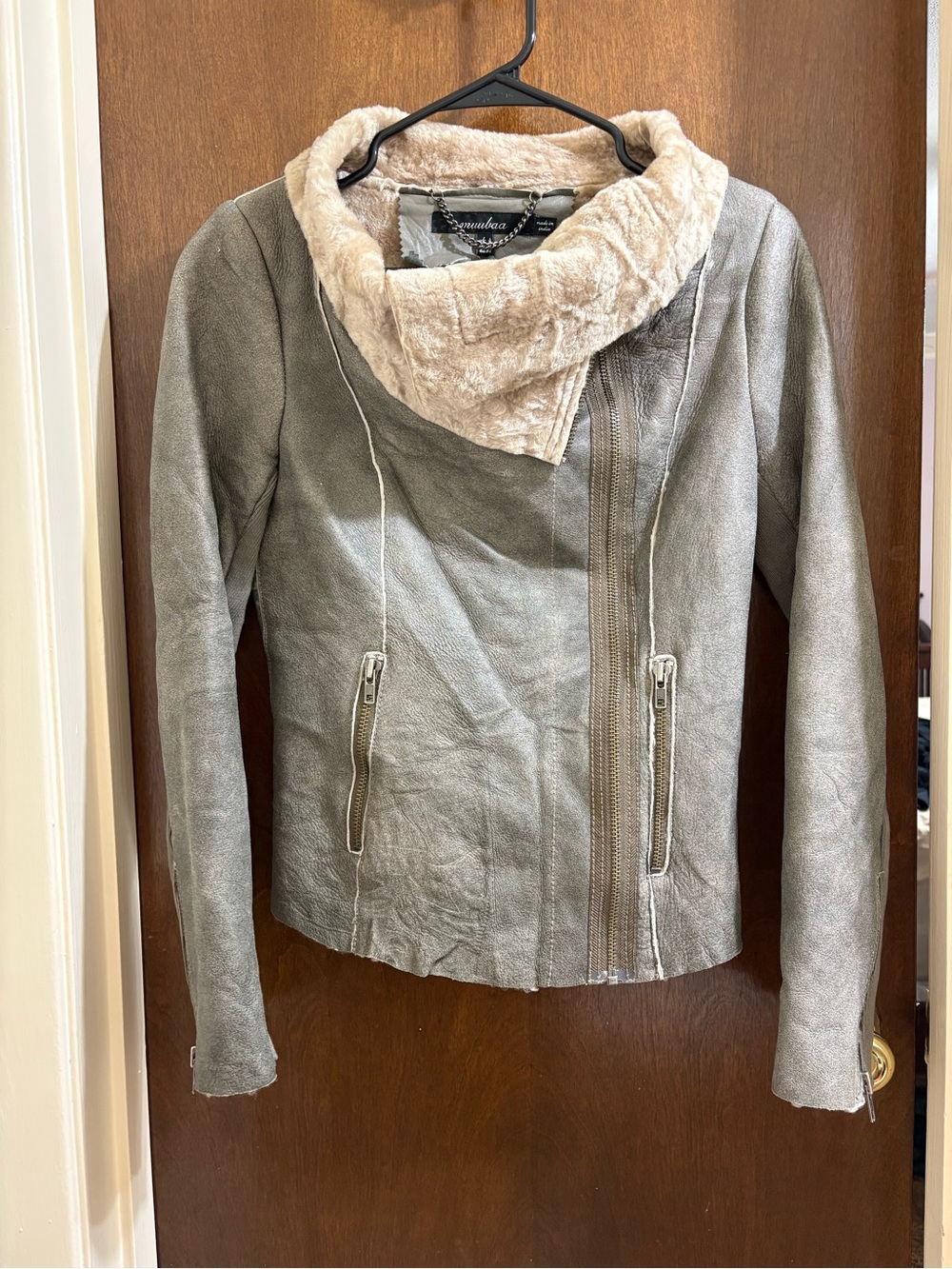 Muubaa Gray Leather Moto Jacket with Cream Faux-Shearling Collar